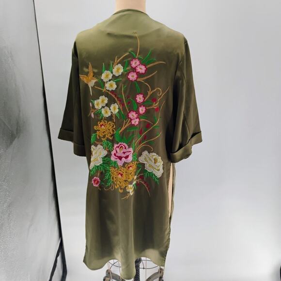 Anthropologie Floreat Kimono One Size Satin Floral Embroidered Open Front Green - Picture 2 of 15